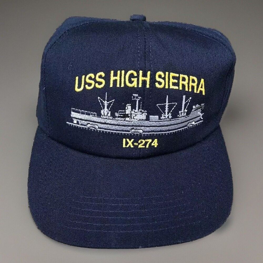 USS High Sierra IX-274 Hat Navy Blue Snap Back Cap Vintage Made in USA Legend